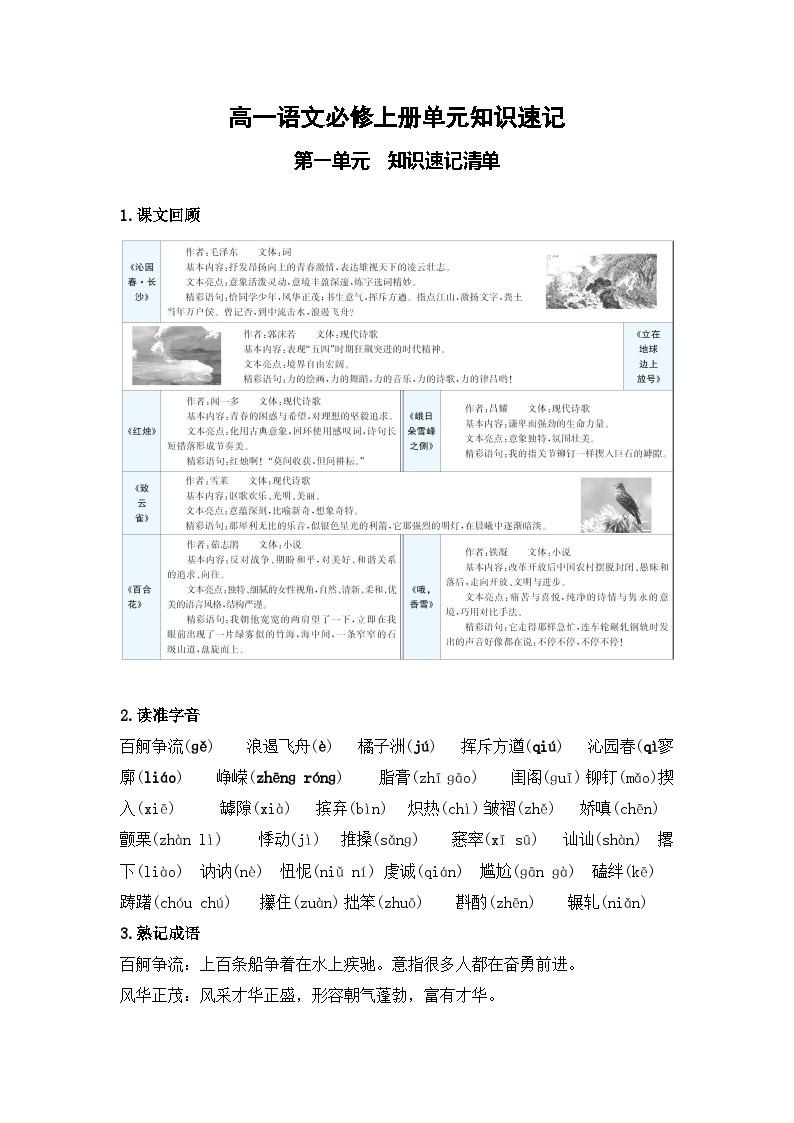 【期中知识点归纳】（统编版）2023-2024学年高一上册语文 必修上册 第一单元 知识点归纳 试卷01