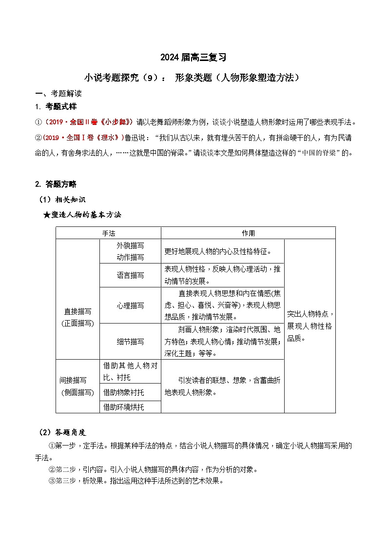 2024年高考语文一轮复习之小说文本考题探究（全国通用）09形象类题（人物塑造方法）（Word版附解析）第1页