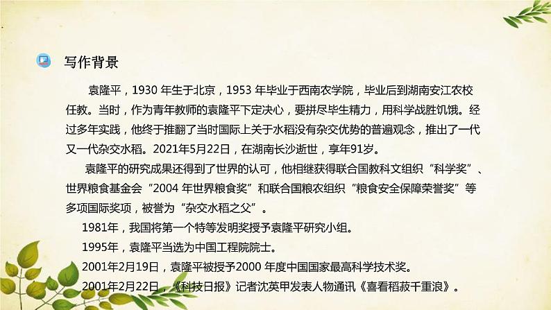 统编版高中语文必修上册 第二单元 第四课  喜看稻菽千重浪——记首届国家最高科技奖获得者袁隆平课件05