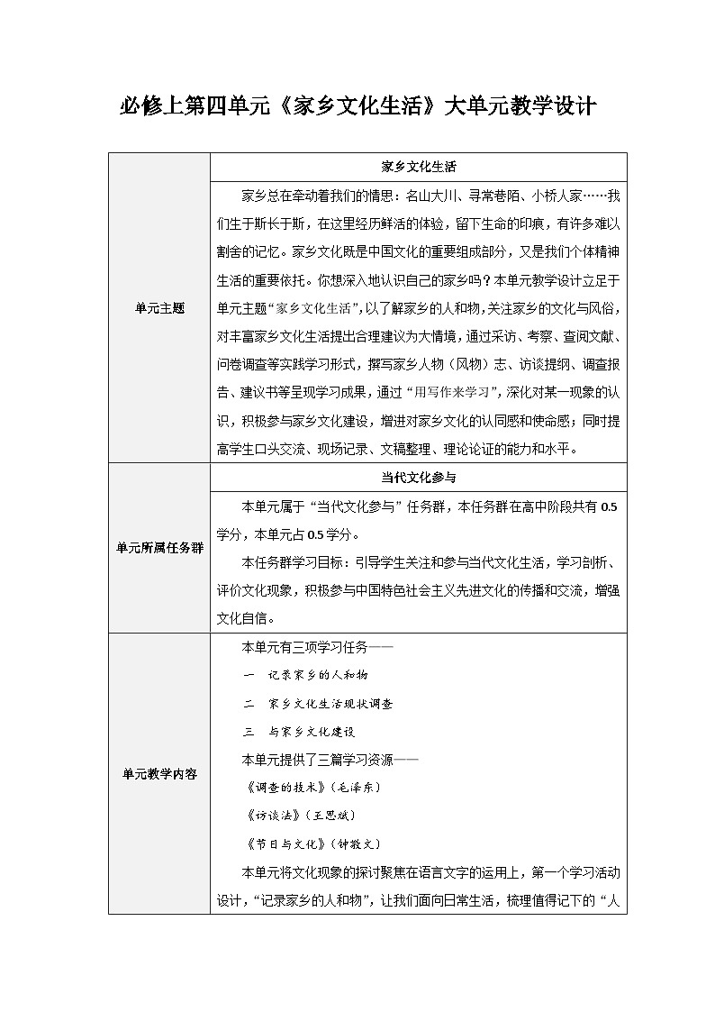必修上第四单元《家乡文化生活》大单元教学设计01
