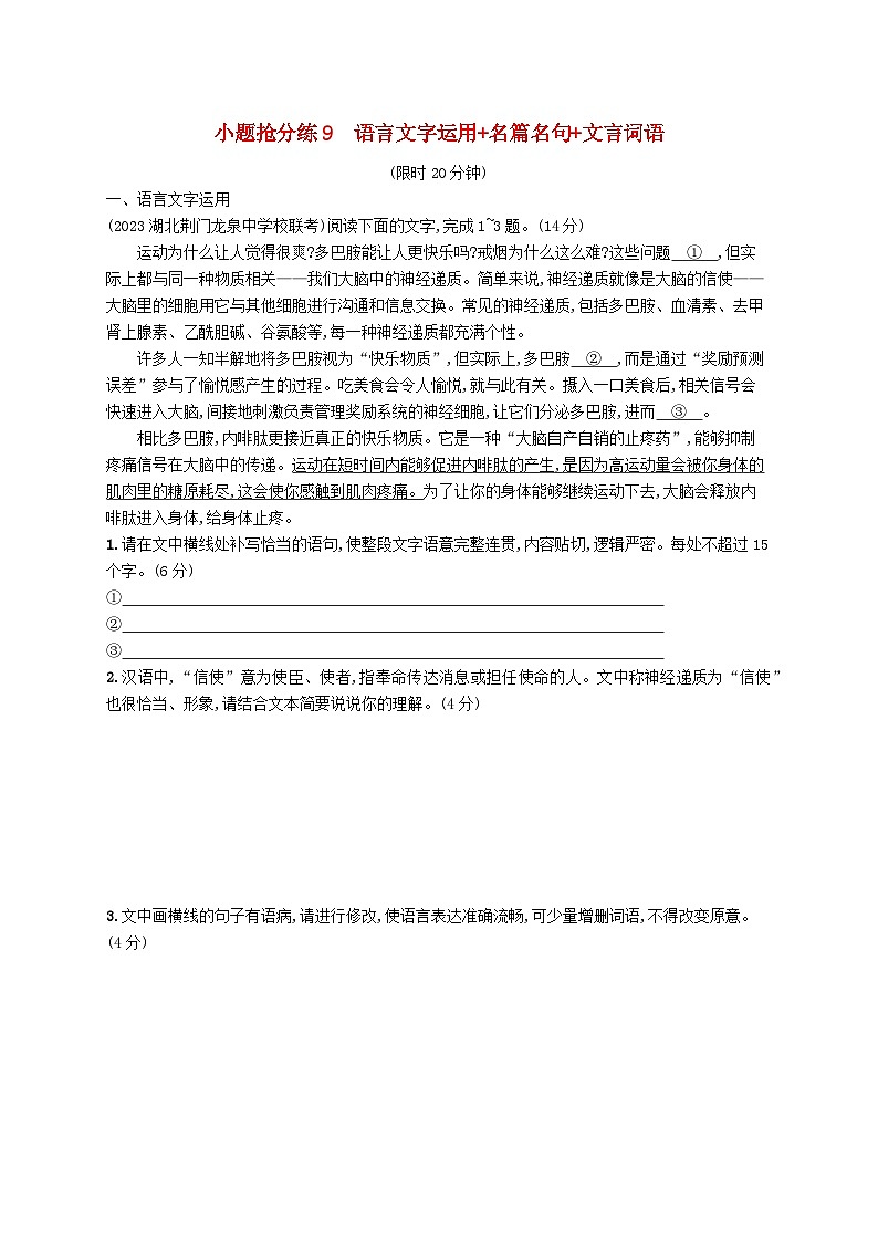 适用于新高考新教材2024版高考语文二轮复习小题抢分练9语言文字运用+名篇名句+文言词语第1页