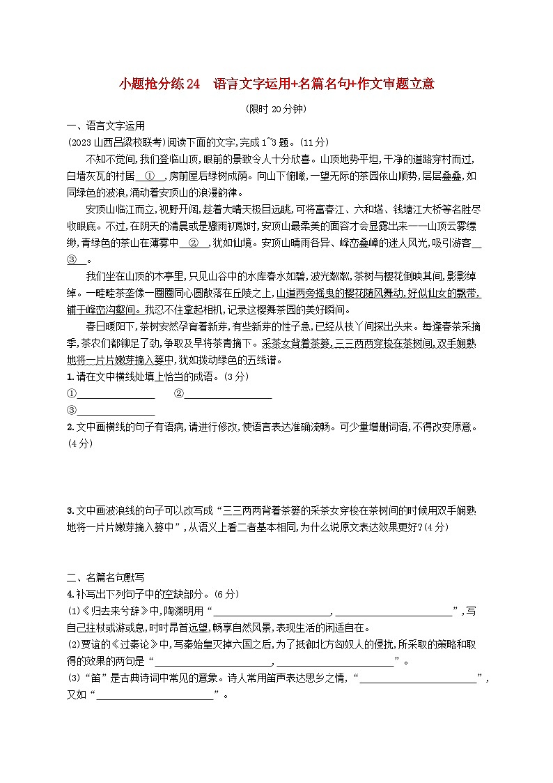 适用于新高考新教材2024版高考语文二轮复习小题抢分练24语言文字运用+名篇名句+作文审题立意第1页
