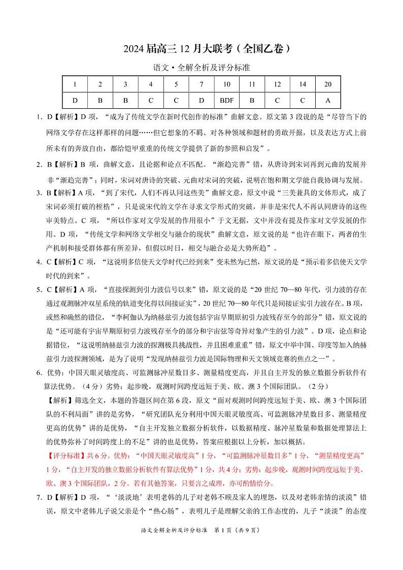 2024届高三12月大联考（全国乙卷）语文试题01