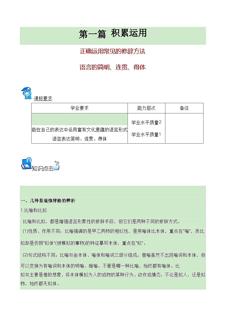 【学考复习】（新教材专用）2024年高中语文学业水平考试 专题训练 07 正确运用常见的修辞方法+语言简明、连贯、得体-讲义-讲义（原卷版）第1页