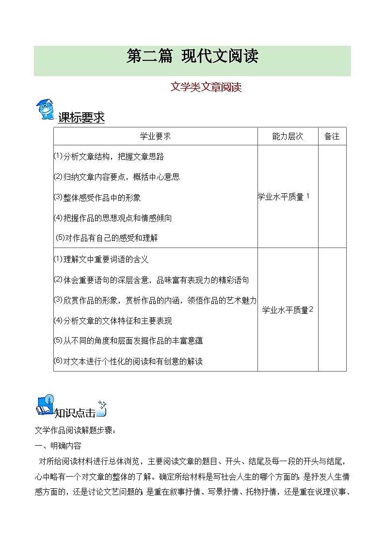 【学考复习】（新教材专用）2024年高中语文学业水平考试  专题讲解 08 文学类文章阅读--讲义01