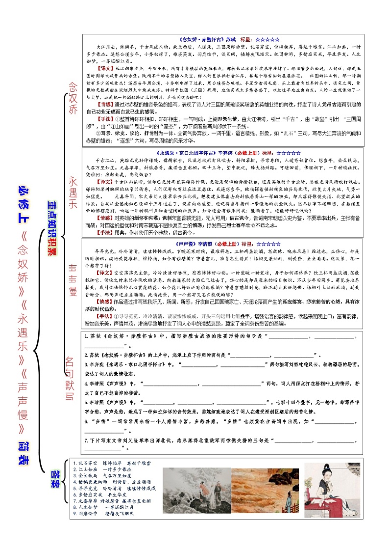 高考语文复习--一课一表 衔接教考 必修上《念奴娇》《永遇乐》《声声慢》简表 编辑版（教案）第1页
