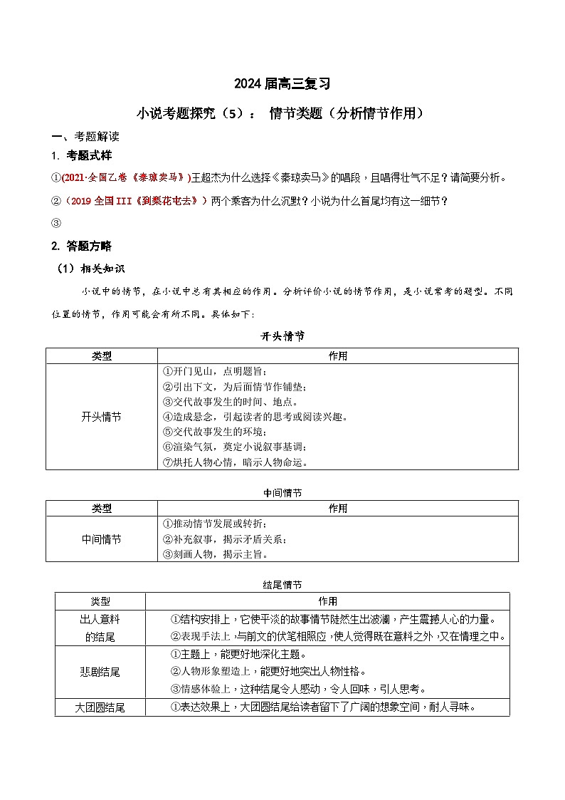 2024年高考语文一轮复习之小说文本考题探究（全国通用）05 情节类题（分析情节作用） Word版无答案第1页