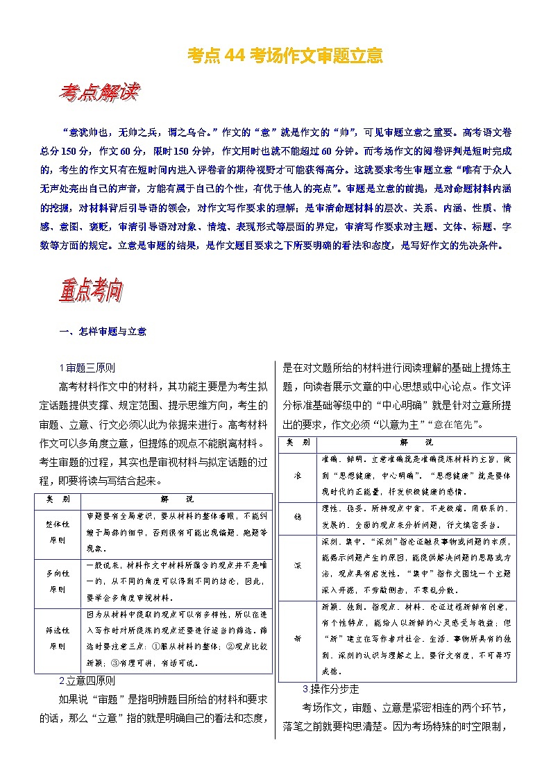 考点44 考场作文审题立意-备战2024年高考语文一轮复习考点讲义（新高考专用）（含答案）01
