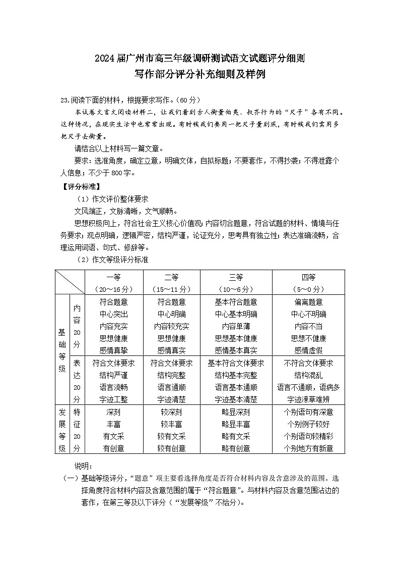 2024届广州市高三年级调研测试语文试题评分细则（写作）第1页