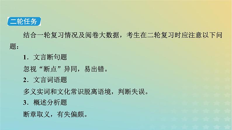 新教材适用2024版高考语文二轮总复习第1部分考点精讲复习板块2古代诗文阅读专题1文言文阅读考点练透1结合语境培养语感__识别标志巧断句课件03