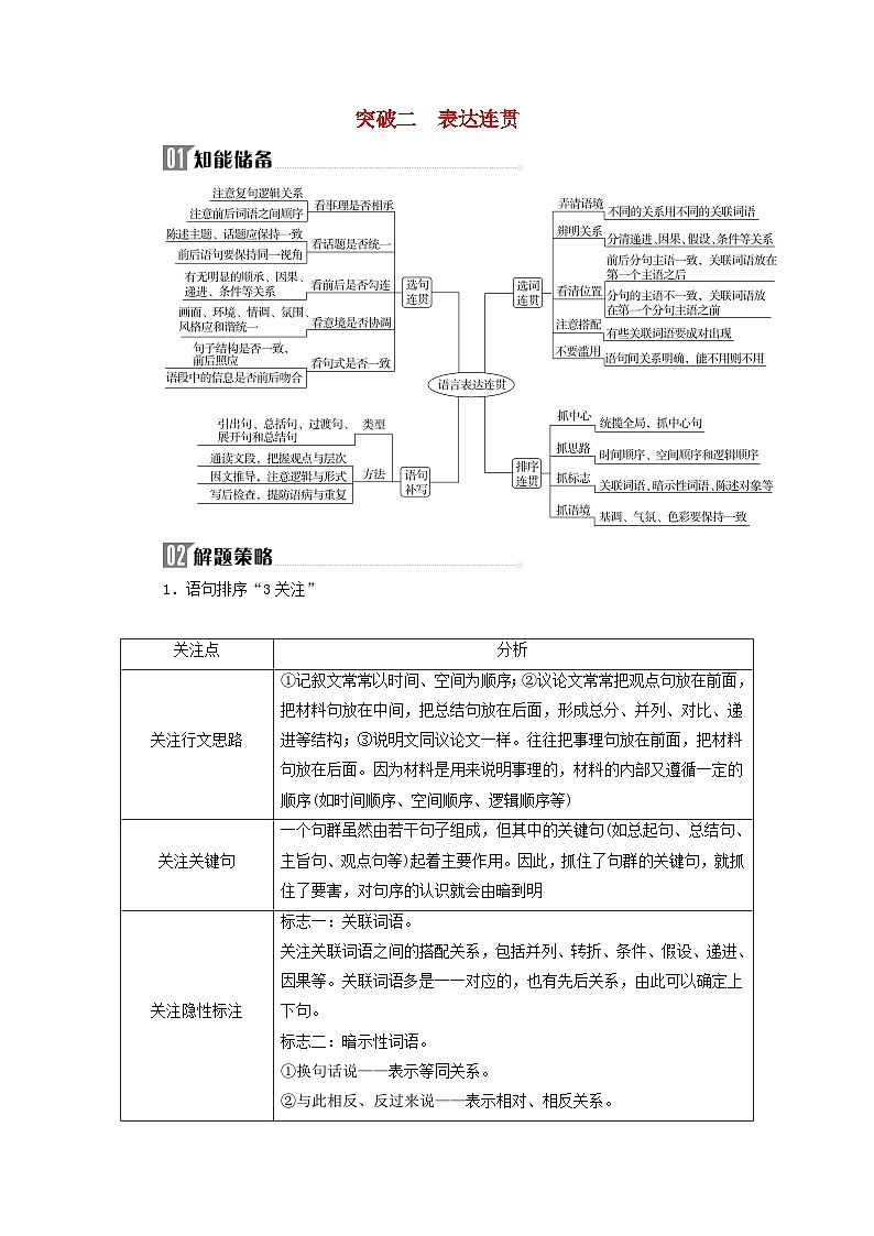 2024届高考语文二轮专题复习与测试第三部分语言文字运用精准突破二修辞手法表达连贯突破二表达连贯第1页