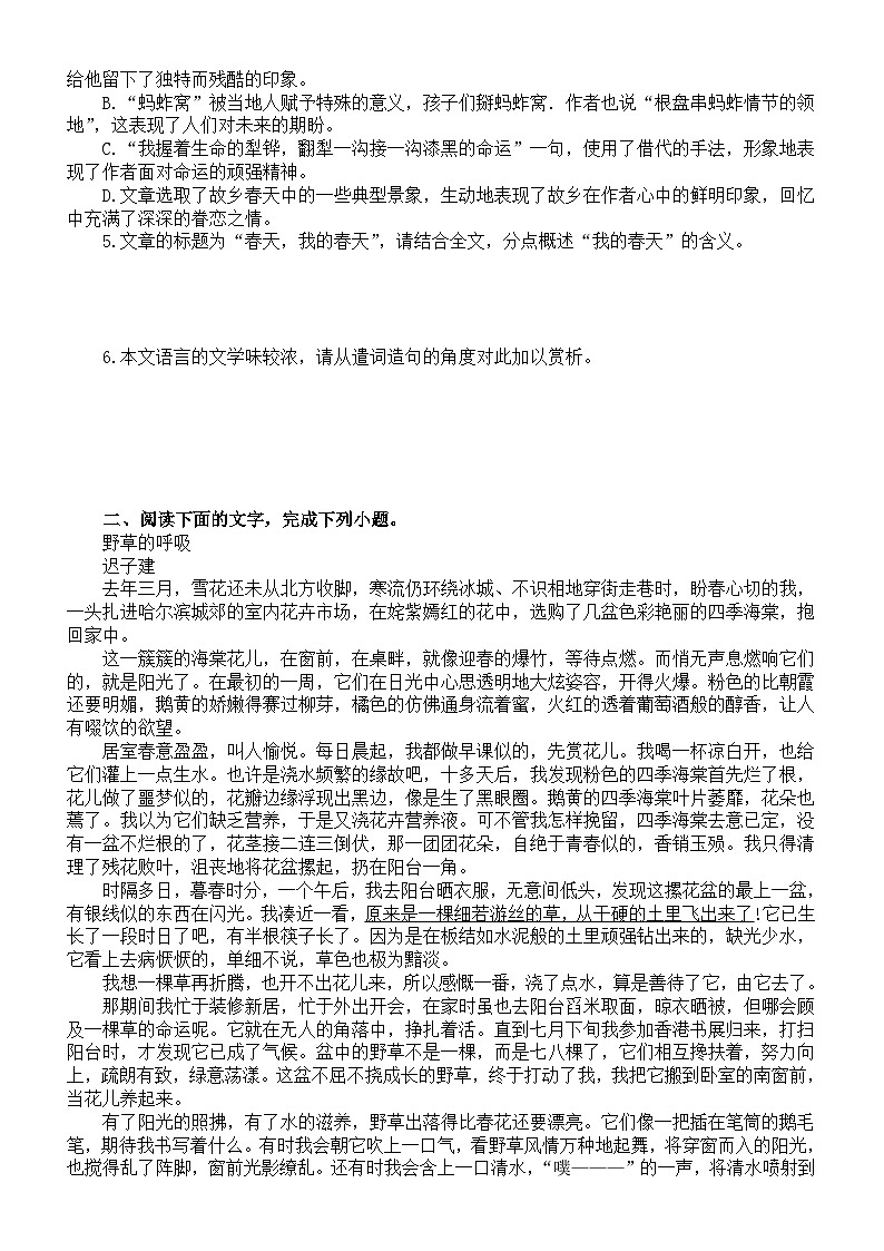 高中语文2024届高考复习散文专项练习（共六篇，附参考答案和解析）02