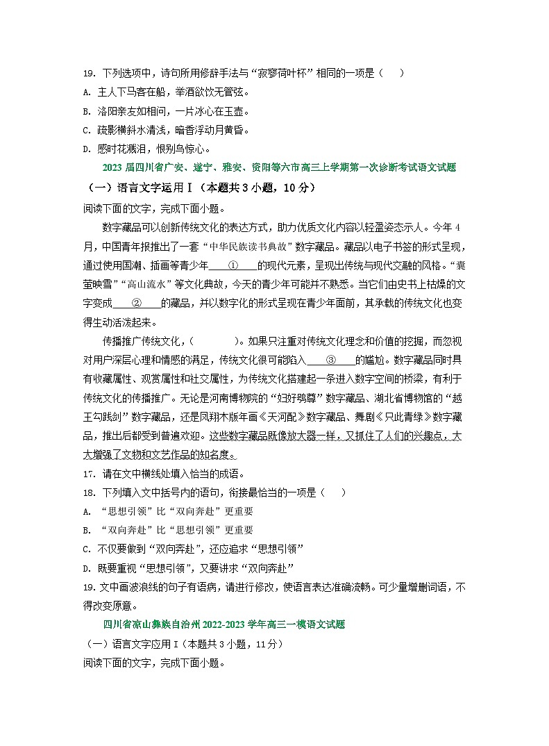 2023年四川省部分地区高三一模语文试卷分类汇编：语言文字运用专题03