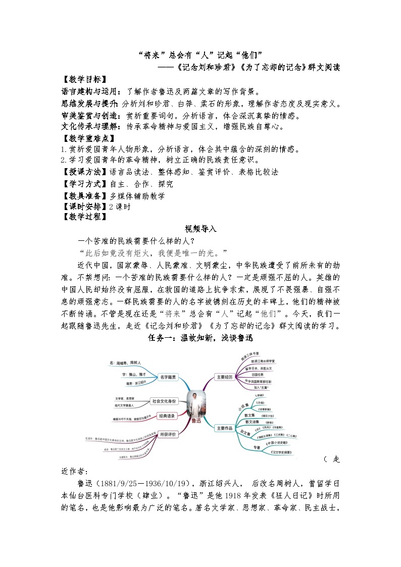 统编版 高中语文 选择性必修中册 第二单元 6将来总会有人想起他们——《记念刘和珍君》《为了忘却的记念》群文阅读课件+教案01