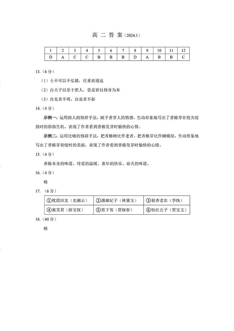 天津市红桥区2023-2024学年高二上期末语文答案第1页