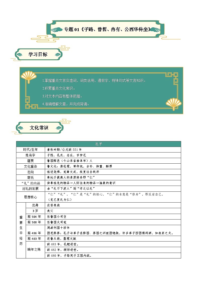 【寒假作业】统编版 高中语文 高一寒假提升训练 专题01 《子路、曾皙、冉有、公西华侍坐》-练习.zip01