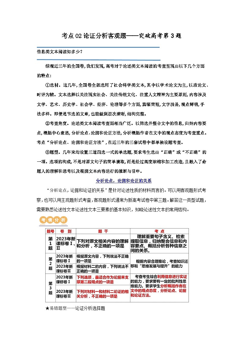 专题02+论证分析客观题（讲义）-2024年高考语文二轮复习讲练测（新教材新高考）01