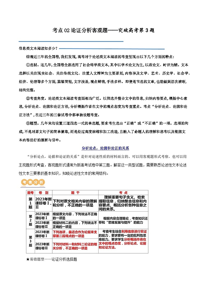 专题02+论证分析客观题（讲义）-2024年高考语文二轮复习讲练测（新教材新高考）01