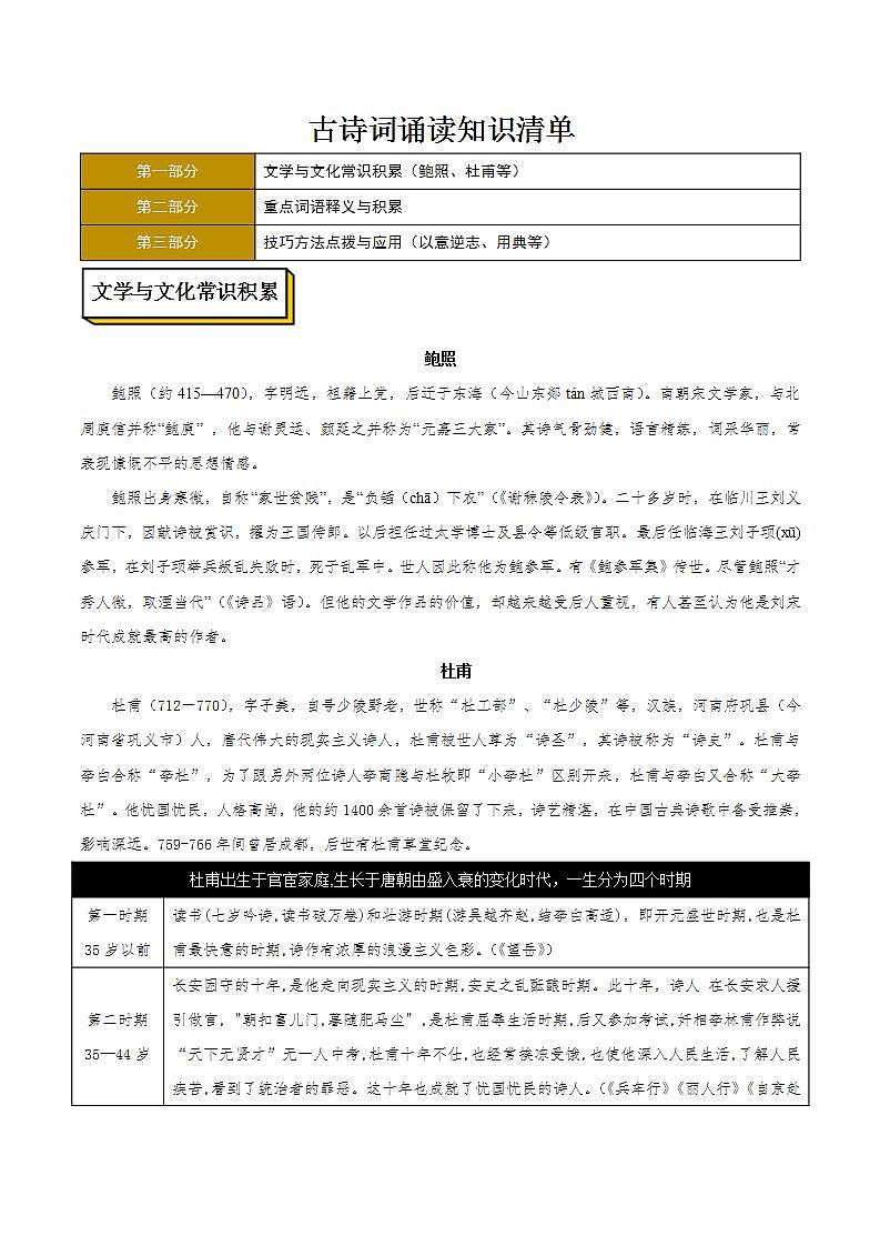人教统编版高中语文选择性必修下册 古诗词诵读 专项练习+知识清单01