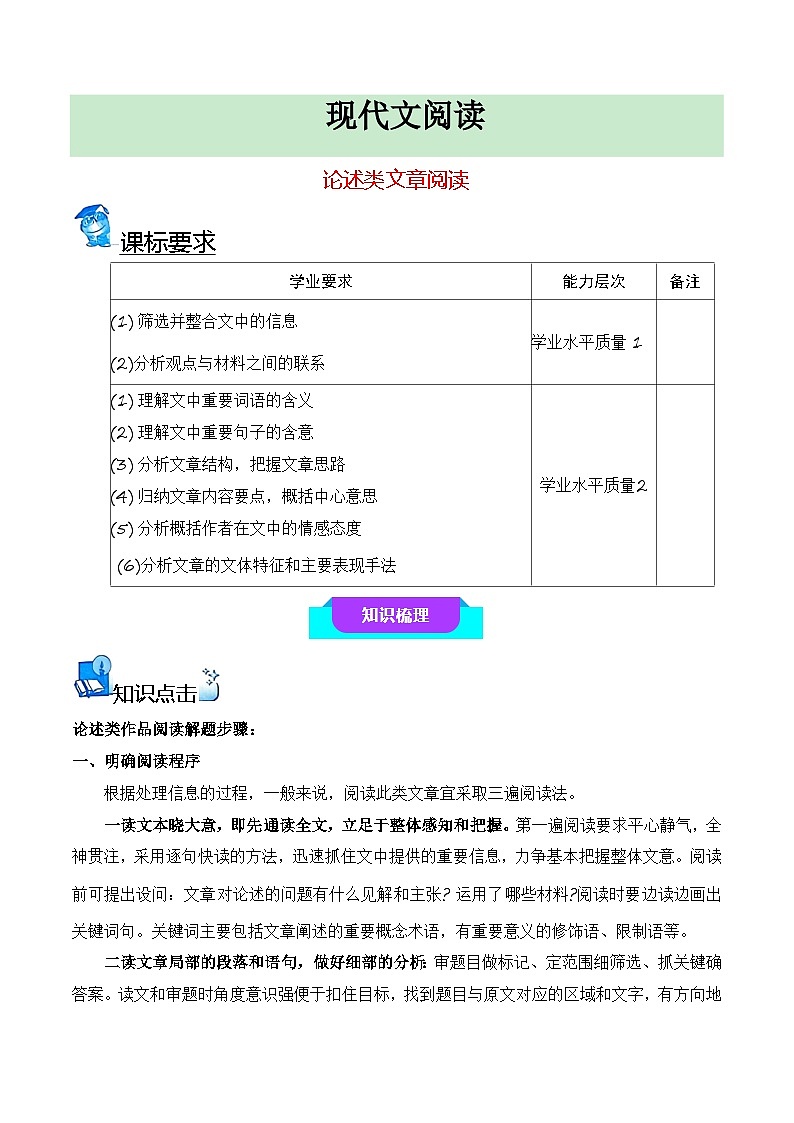 11 论述类文章阅读（知识梳理+考点精讲精练+实战训练）-高中语文学业水平考试必备考点归纳与测试（新教材专用）01