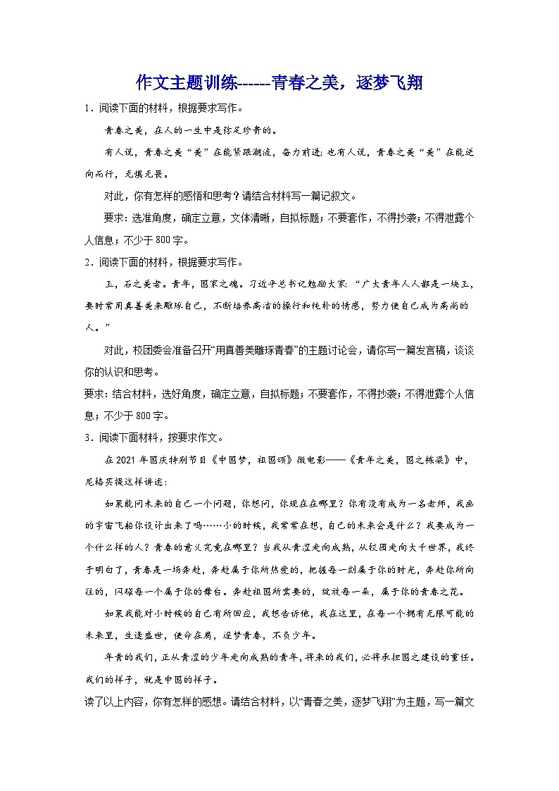 2024年高考作文复习作文主题训练：青之美，逐梦飞翔第1页