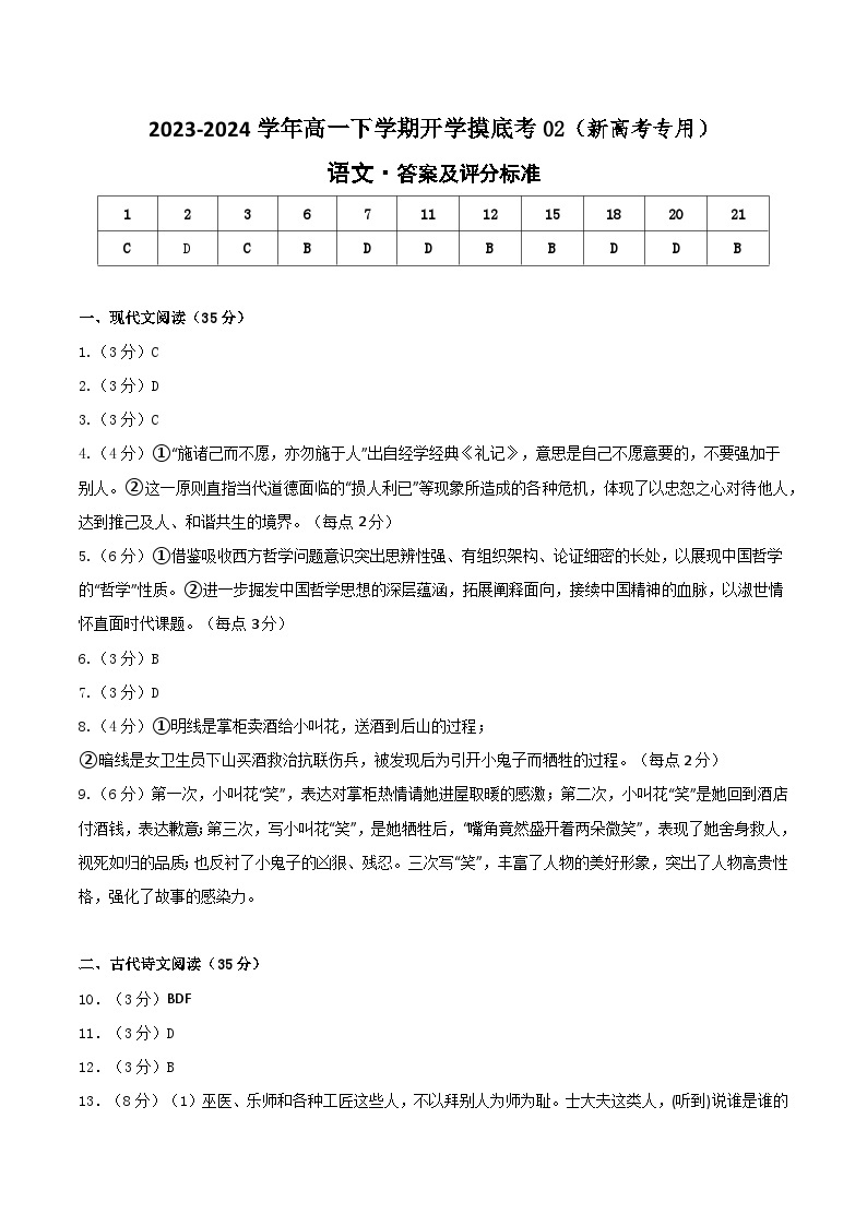 【开学摸底考】高一语文02（新高考专用）-2023-2024学年高中下学期开学摸底考试卷.zip01