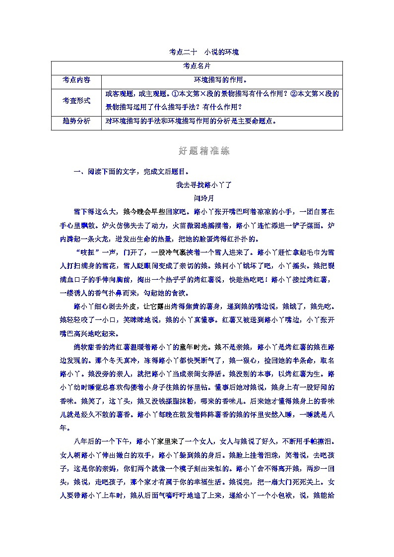 高考考点完全题语文考点通关练文档 考点二十　小说的环境 Word版含答案第1页
