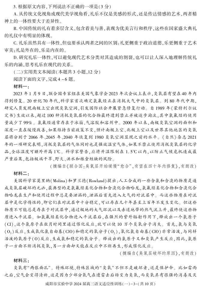 陕西省咸阳市实验中学2023-2024学年高三下学期适应性训练（一）语文试题03