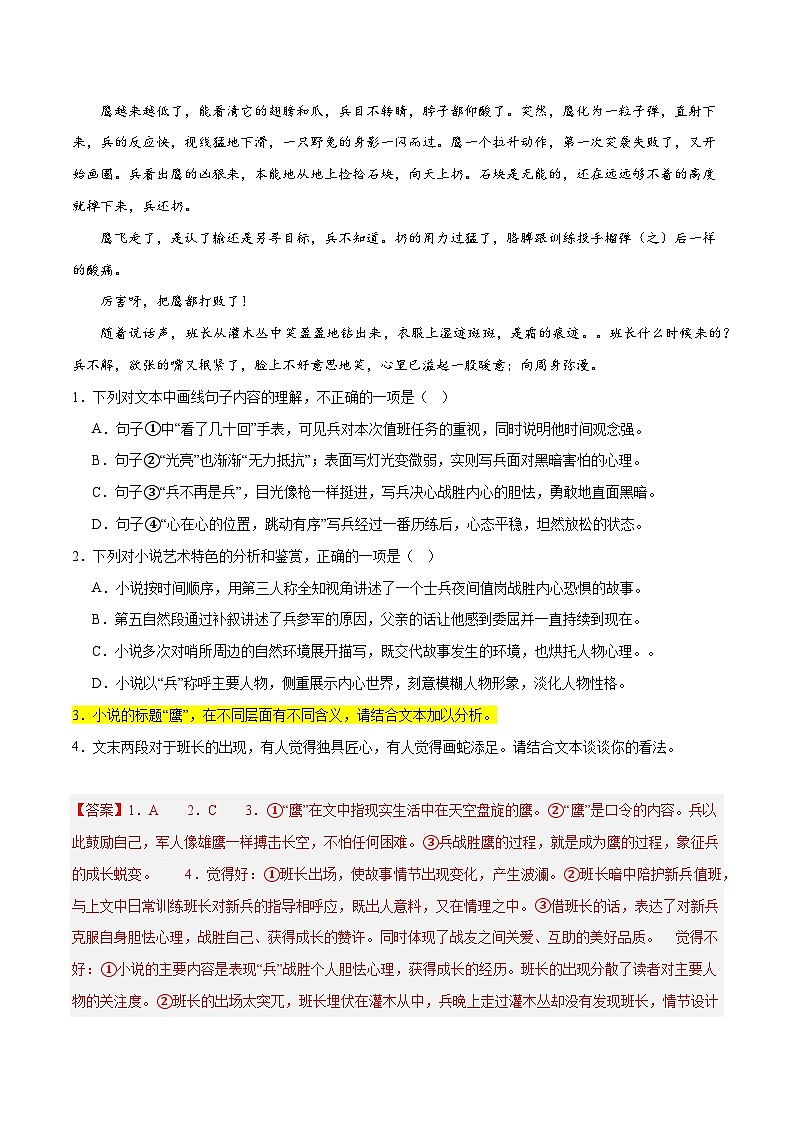 【备战2024年高考】高中语文二轮复习高频考点解密08 文学类文本阅读小说之综合探究分析（分层训练）03