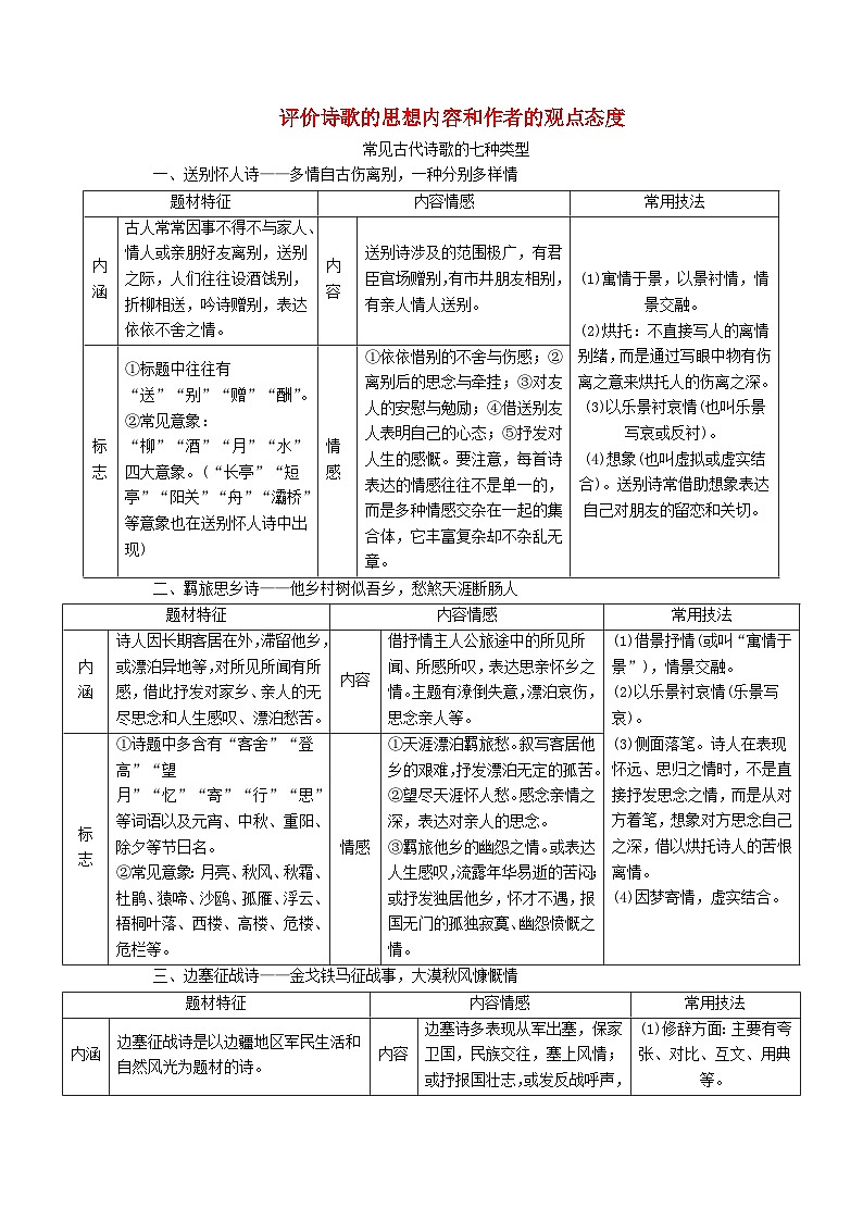 高考语文一轮总复习导学案：评价诗歌的思想内容和作者的观点态度（全国通用含解析）第1页