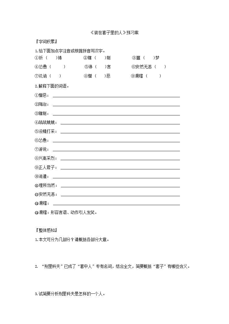 人教统编版语文必修下册13 装在套子里的人  预习案01
