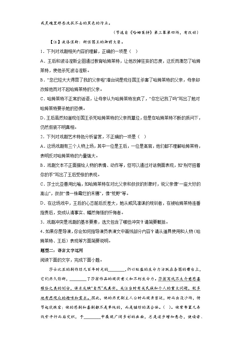 第6课《哈姆莱特（节选）》同步训练   统编版高中语文必修下册（含答案）03
