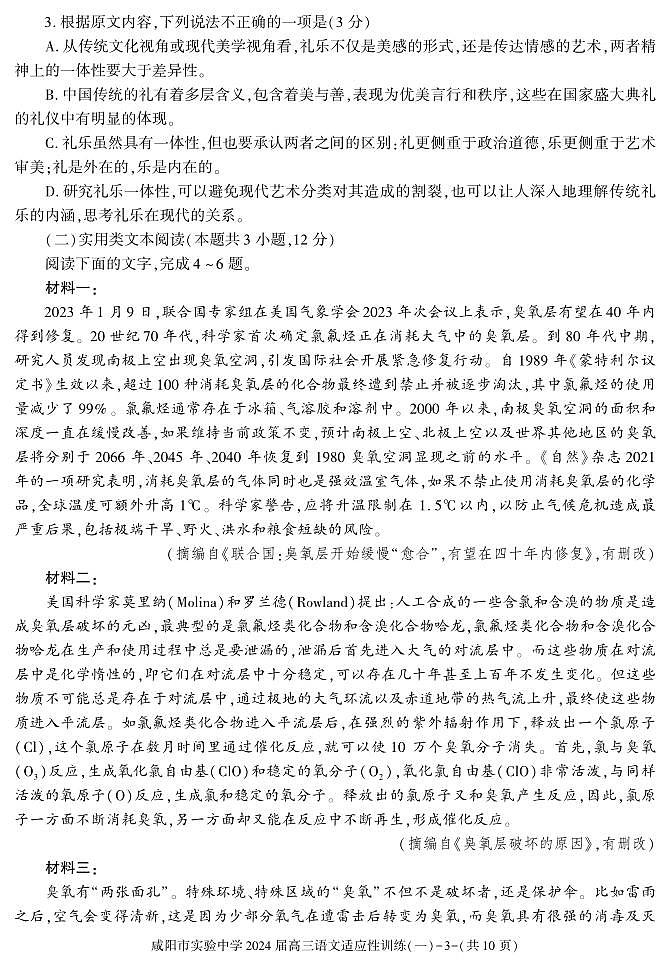 陕西省咸阳市实验中学2023-2024学年高三下学期适应训练（一）语文第3页