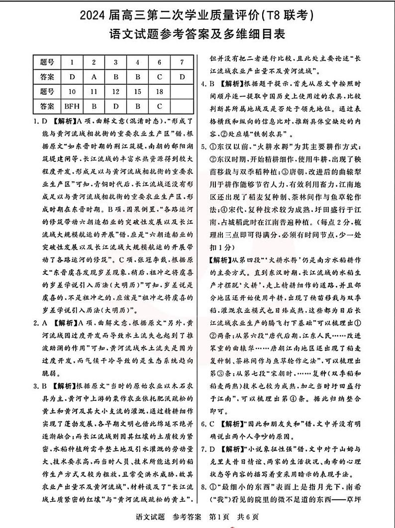 t8联考语文答案第1页