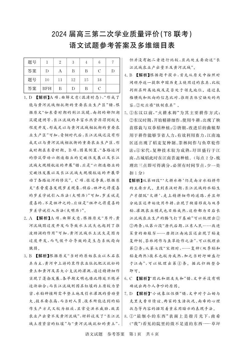 2024届八省八校T8联考高三第二次学业质量评价语文答案第1页