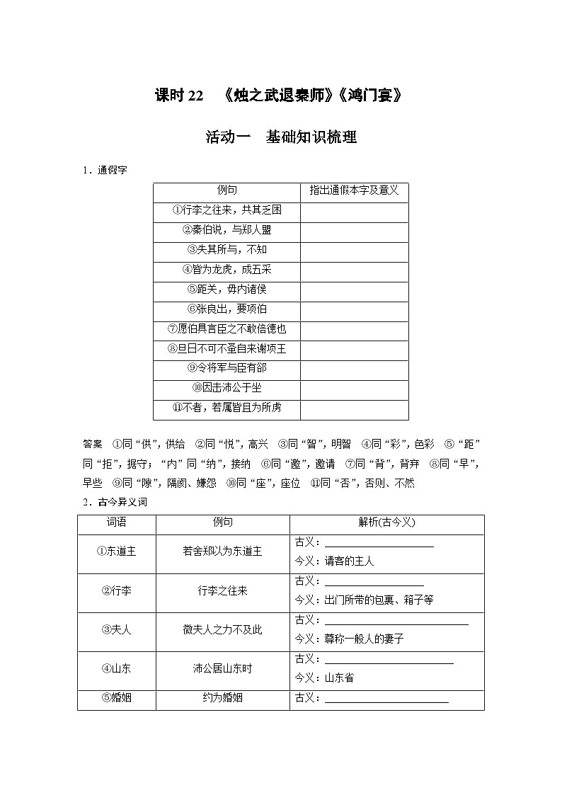 高考语文一轮复习讲义（新教材）第2部分 教材文言文复习 课时22　《烛之武退秦师》《鸿门宴》第1页