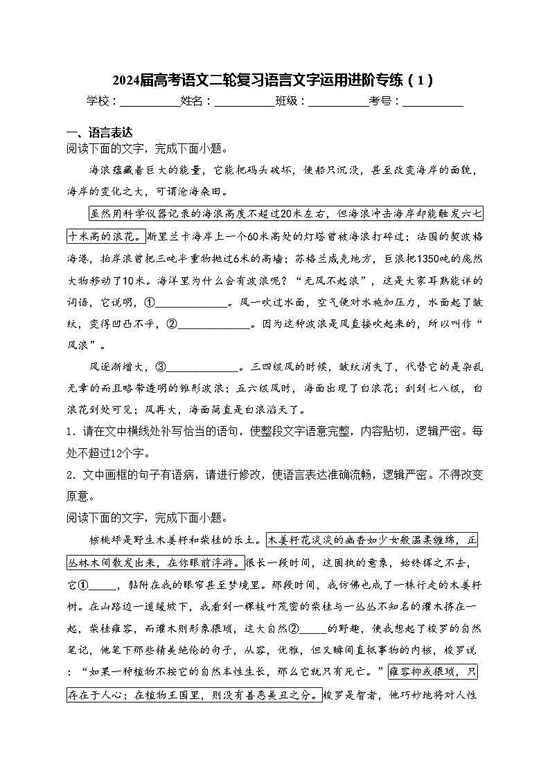 2024届高考语文二轮复习语言文字运用进阶专练（1）(含答案)第1页