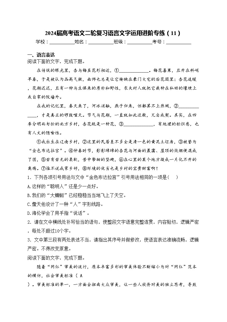2024届高考语文二轮复习语言文字运用进阶专练（11）(含答案)第1页