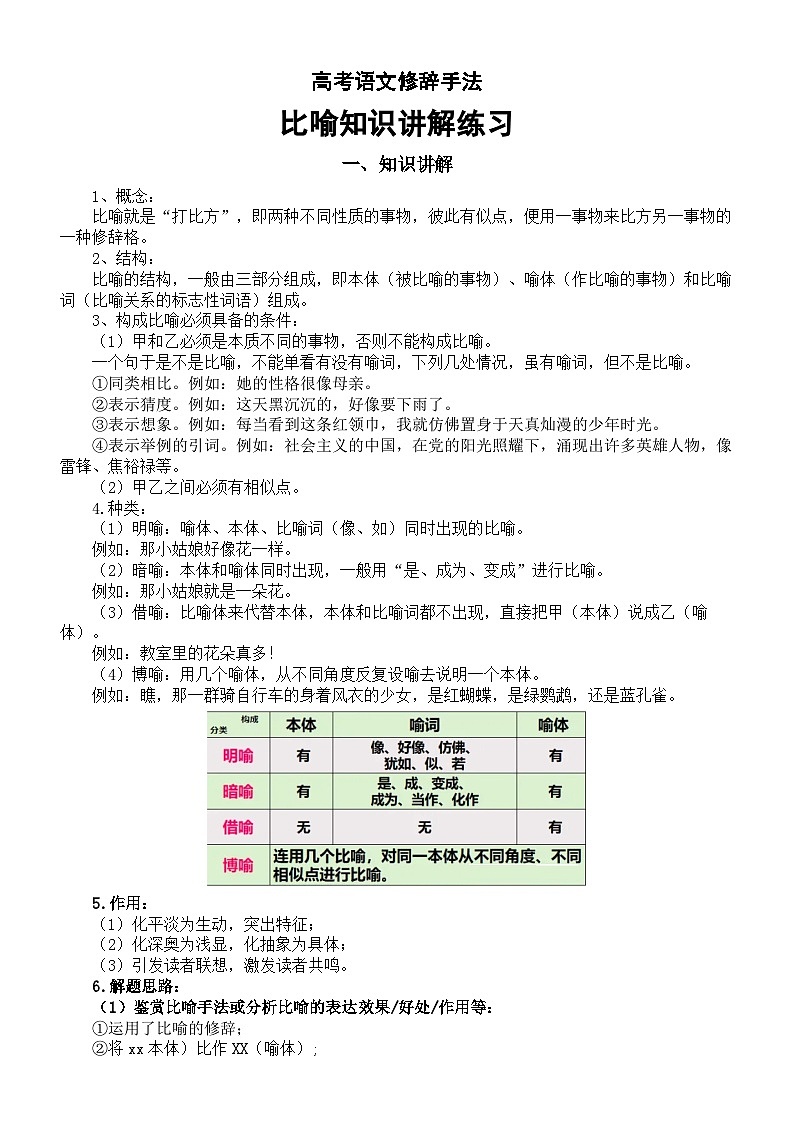 高中语文2024届高考修辞手法比喻知识讲解练习第1页