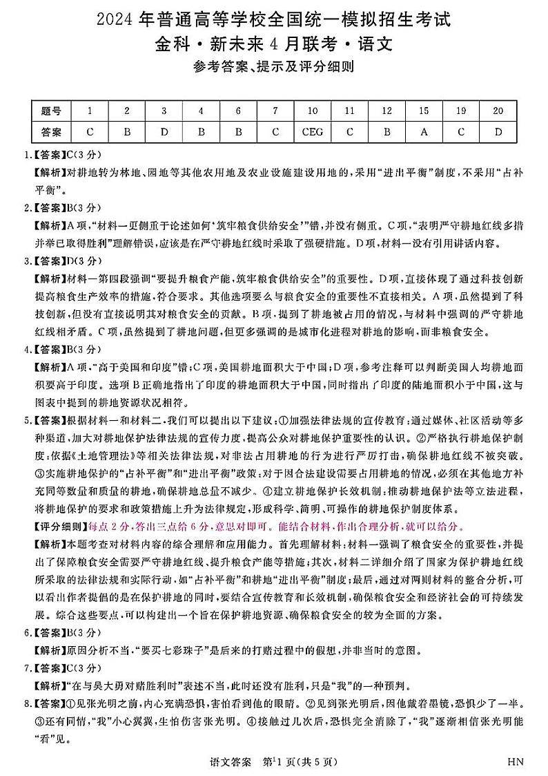 金科大联考·新未来2024届高三下学期4月联考试题 语文答案01