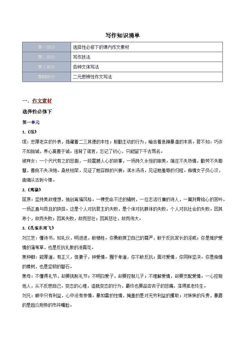 【期中复习】2023-2024学年（统编版选择性必修下册）高二语文下册期中专题07 写作（知识清单）01