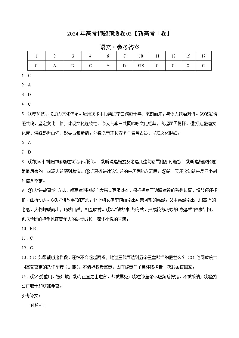 2024年高考押题预测卷—语文（新高考Ⅱ卷02）（参考答案）第1页