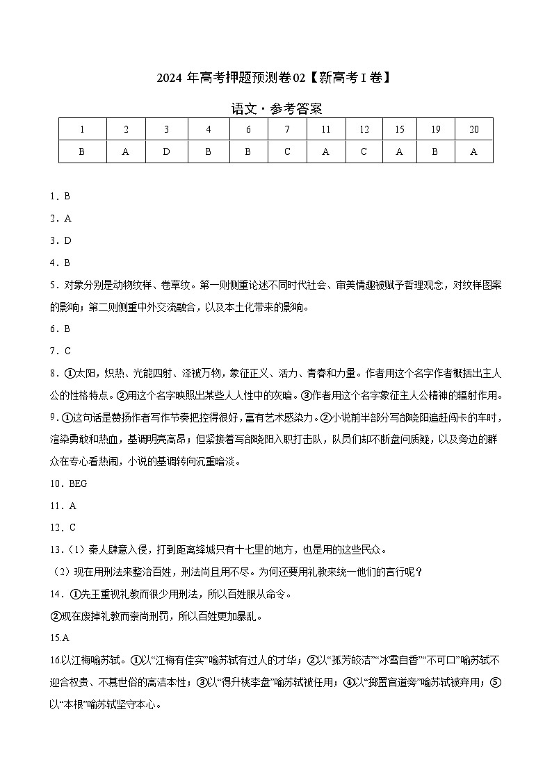 2024年高考押题预测卷—语文（新高考I卷02）（参考答案）第1页