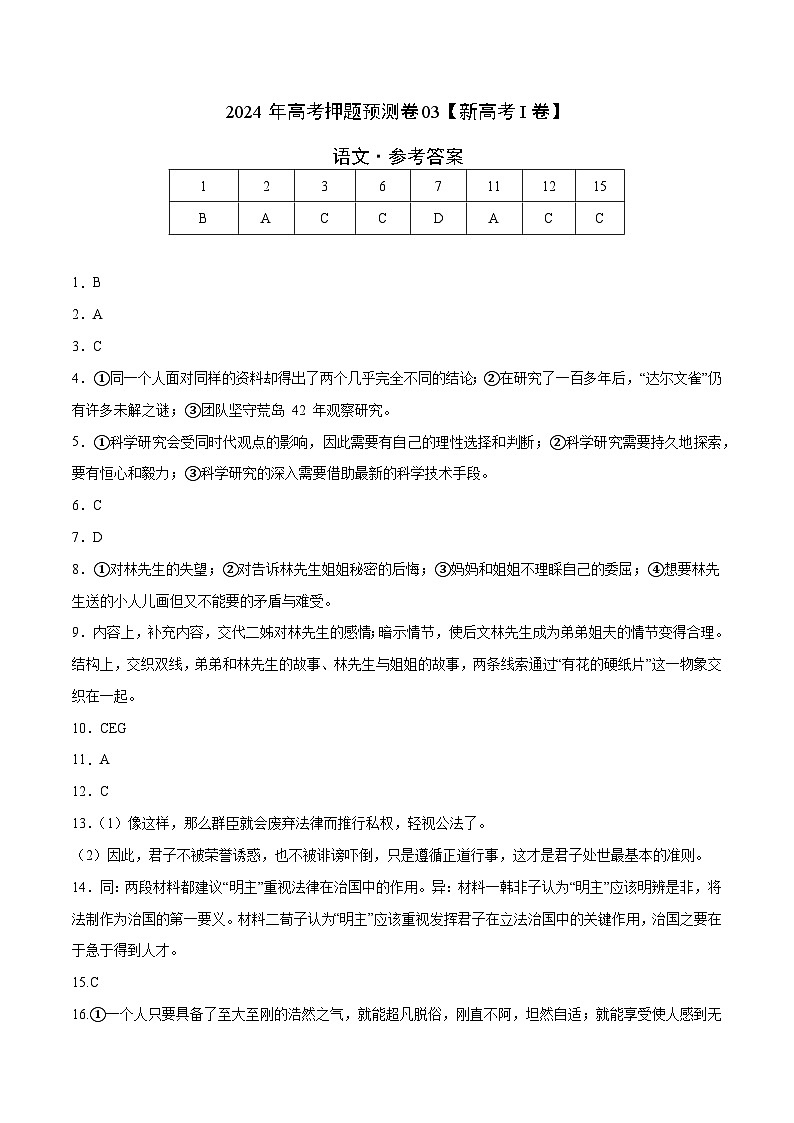 2024年高考押题预测卷—语文（新高考I卷03）（参考答案）第1页