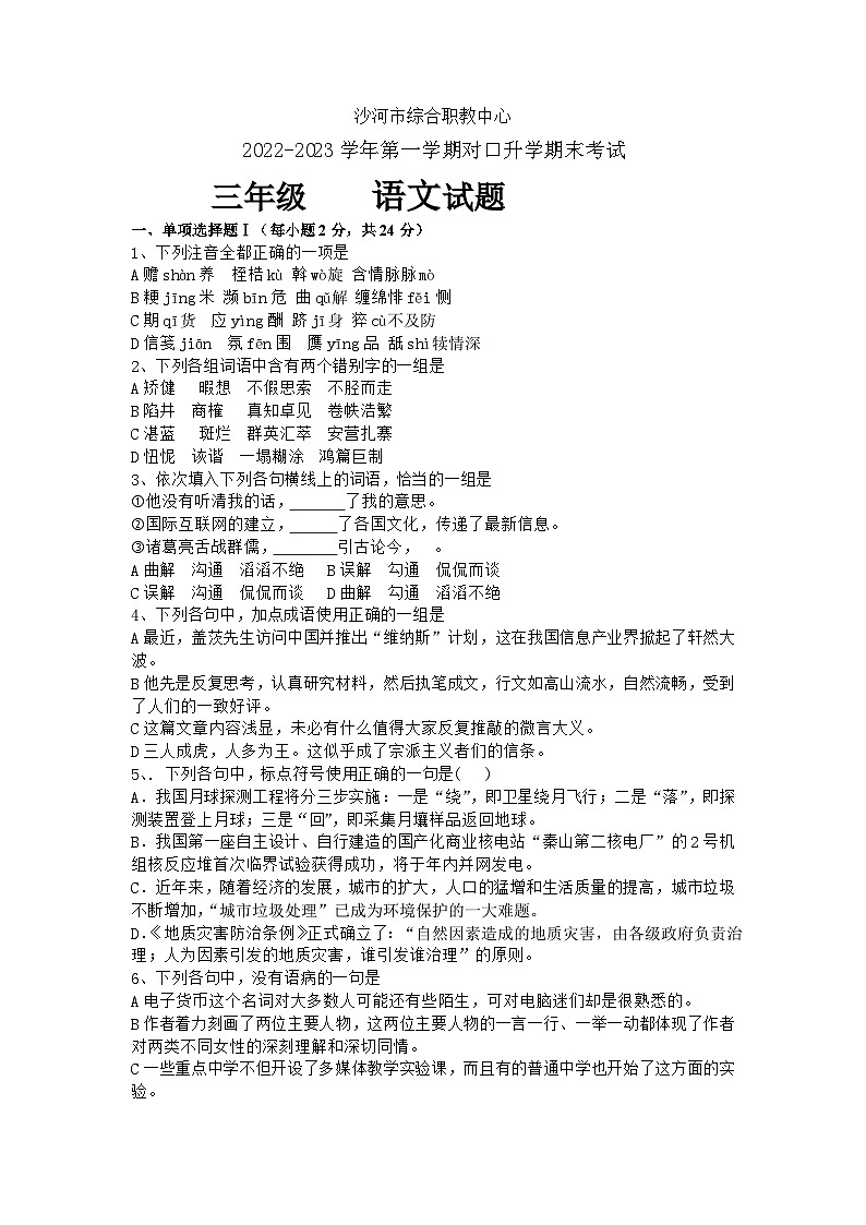 河北省沙河市综合职教中心2022-2023学年第一学期期末高三语文试题01