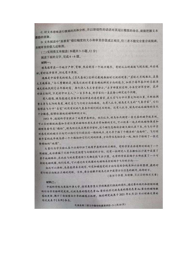 2023届陕西省咸阳市礼泉县高三上学期语文期中学科素养评价试题第3页