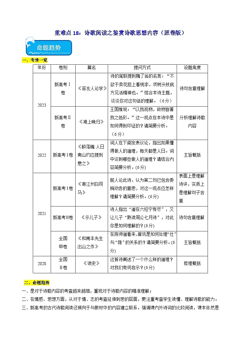 重难点18 鉴赏古代诗歌思想内容2024年高考语文专练（新高考专用）01