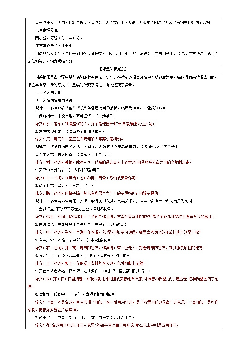 专题04  文言翻译之一词类活用考点解析（教案+学案）-2024年新高考语文一轮复习各考点解析宝鉴02