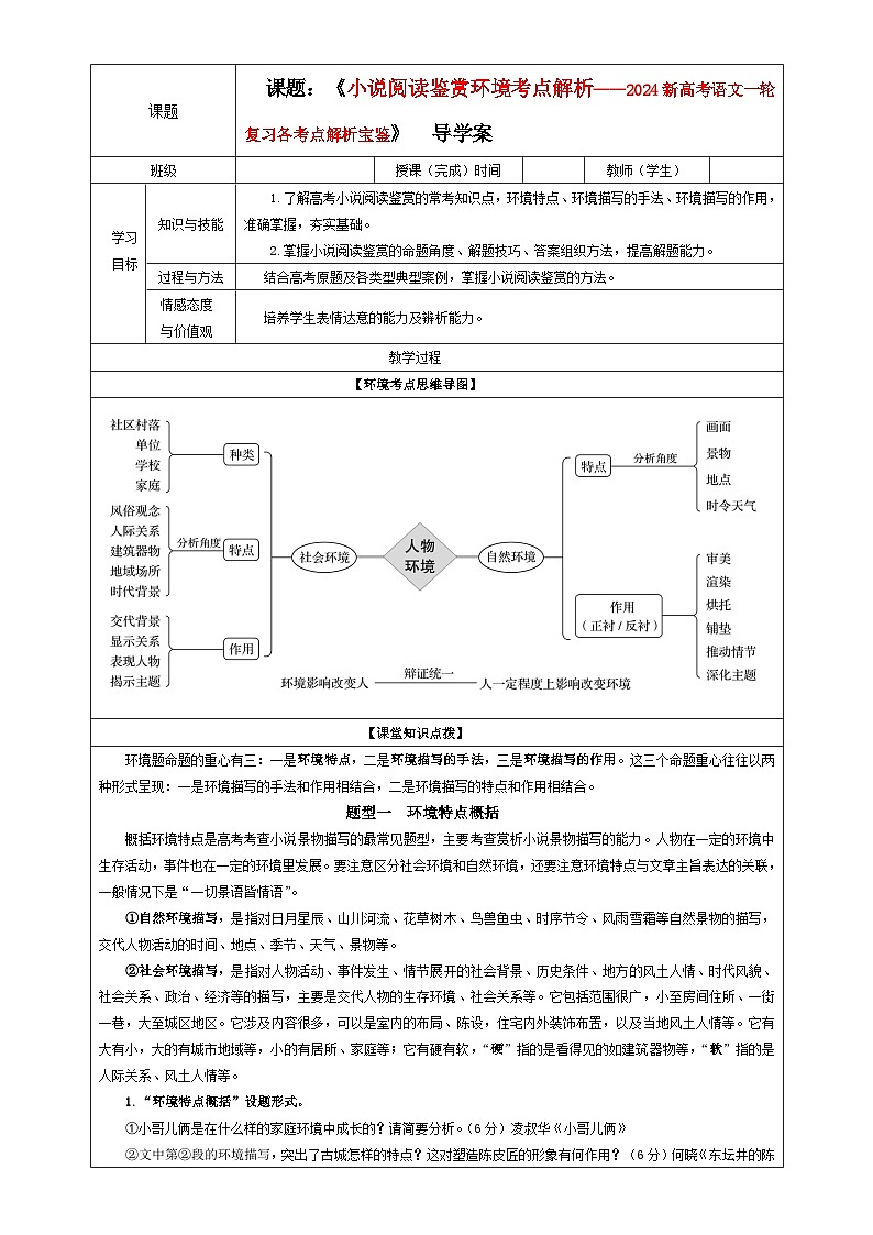 专题04 小说阅读鉴赏环境考点解析（教案+学案）-2024年新高考语文一轮复习各考点解析宝鉴01