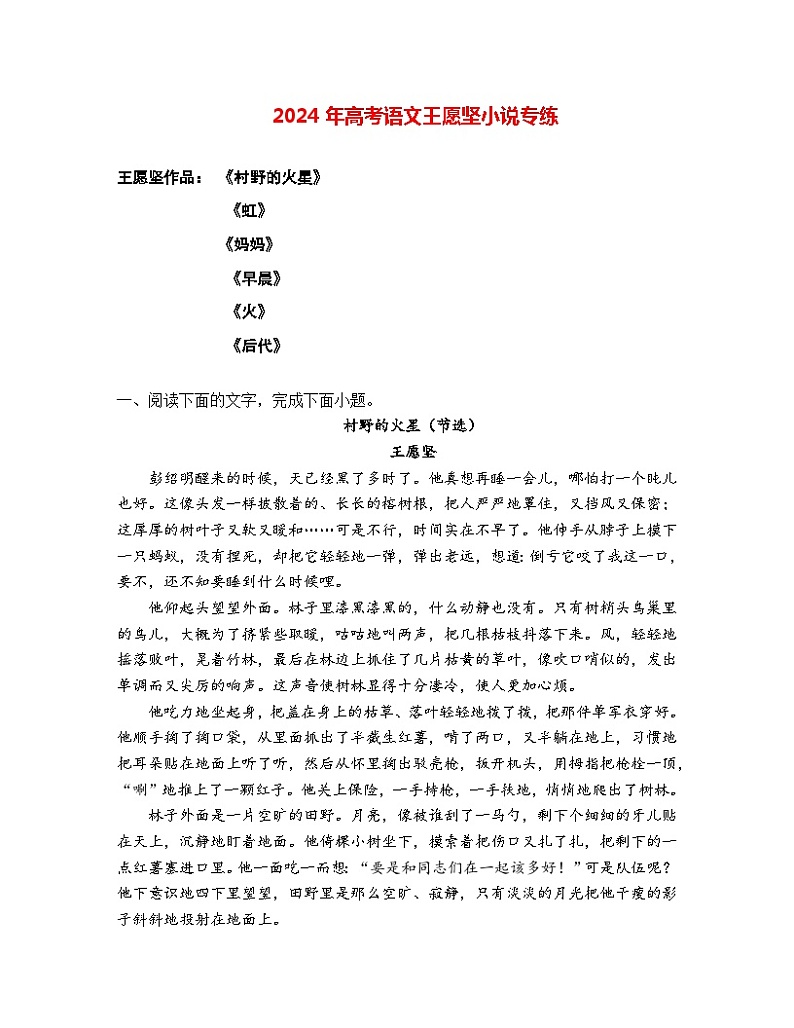 2024年高考语文阅读之王愿坚小说专练（解析版）第1页